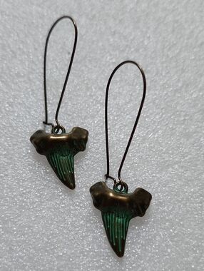 Hand Crafted Bronze Tone Earrings with Green Patina Shark Tooth Drops